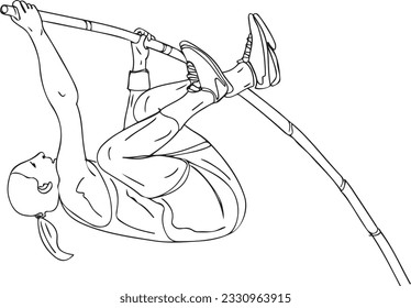 Paul Vault Female Player in Action: Continuous Outline Cartoon, Female Athlete Performing Paul Vault