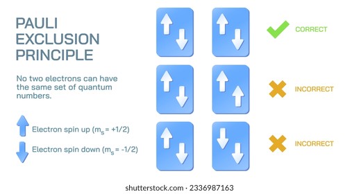 Pauli's Exclusion Principle states that no two electrons in the same atom can have identical values for four of their quantum numbers. Two electrons in same orbital must have opposite spins. Vector