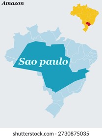Mapa e Bandeira de São Paulo - Estado do Sudeste, Megalópolis da Cidade de São Paulo e Contorno do Vetor do Polo Econômico