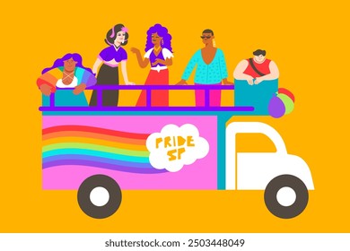 São Paulo Pride Parade illustration: five people on an electric trio, wearing vibrant outfits, with balloons and rainbow decor capturing the festive spirit.