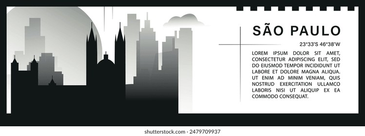 São Paulo skyline vector banner, black and white minimalistic cityscape silhouette. Brazil city horizontal graphic, travel infographic, monochrome layout for website