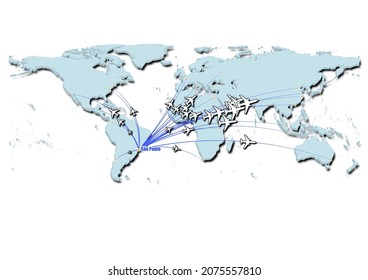 São Paulo-Brasil en ilustración conceptual vectorial, mapa que muestra los vuelos desde São Paulo-Brasil a las principales ciudades del mundo.