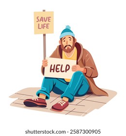 Pauper character holding help board illustration in flat style 

