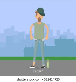 Pauper men with empty pockets in city park. Bottle of vodka whisky near by. Alky, wino male. Unfortunate, poverty pleb. Alcoholic, dipsomaniac, drunkard. Vector illustration in flat style