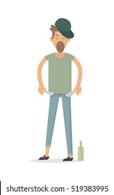 Pauper men with empty pockets isolated on white. Bottle of vodka whisky near by. Alky, wino male. Unfortunate, poverty pleb. Alcoholic, dipsomaniac, drunkard. Vector illustration in flat style