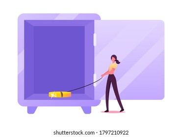 Pauperización, Seguridad de Capital. Pequeño personaje femenino en la caja fuerte gigante con la puerta abierta sosteniendo la moneda de oro pegando a la cuerda. Inversión En Dinero, Haciendo Ahorro, Riqueza, Ingresos. Ilustración del vector de dibujos animados