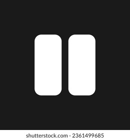 Pause button dark mode glyph ui icon. Music player bar. Playing multimedia. User interface design. White silhouette symbol on black space. Solid pictogram for web, mobile. Vector isolated illustration