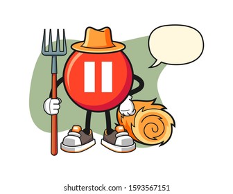 Pause button farmer with speech bubble cartoon. Mascot Character vector.