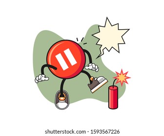 Pause button get surprise firecrackers with speech bubble cartoon. Mascot Character vector.