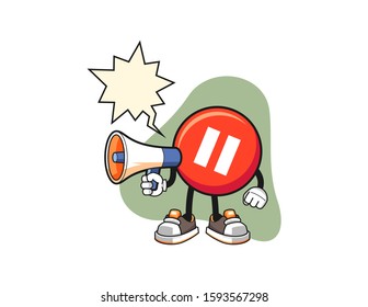 Pause button hold megaphone with speech bubble cartoon. Mascot Character vector.