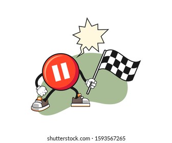 Pause button hold racing flag with speech bubble cartoon. Mascot Character vector.
