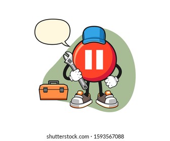 Pause button mechanic with speech bubble cartoon. Mascot Character vector.