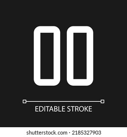 Pause button pixel perfect white linear ui icon for dark theme. Music player. Playing multimedia. Vector line pictogram. Isolated user interface symbol for night mode. Editable stroke. Arial font used