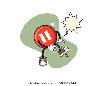 Pause button step on nail with speech bubble cartoon. Mascot Character vector.