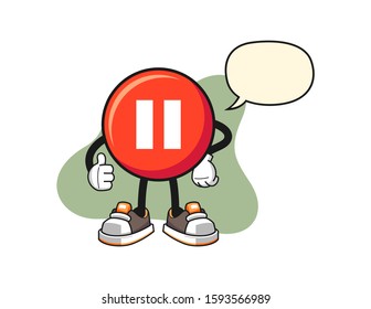 Pause button thumbs up with speech bubble cartoon. Mascot Character vector.