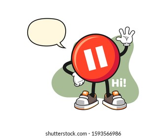 Pause button wave hand with speech bubble cartoon. Mascot Character vector.
