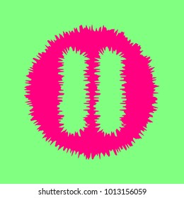 Pause in circle button. Vector. Magenta rough icon on greenish background. Isolated.