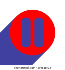 Pause in circle button. Vector. Red flat style icon with dark blue long shadow on white background.
