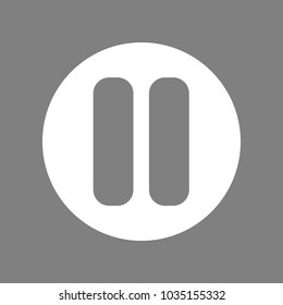 Pause in circle button. Vector. White icon on medium gray background. Isolated.