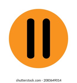 Pause icon. Black sign in orange circle. Mobile app element. Multimedia background. Vector illustration. Stock image. 