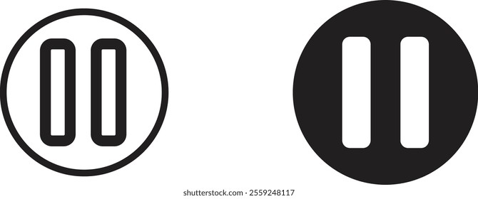 pause Icon set. pause button .  black circle and two rectangle. on white background.Vector
