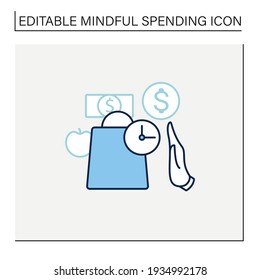 Pause line icon. Pause before purchasing. Hand stops shopping. Waiting before shopping. Thoughtful spending money. Mindful spending concept.Isolated vector illustration.Editable stroke