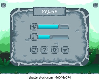 Pause menu rocky window vector template for summer tropical game with element and icons on game background.