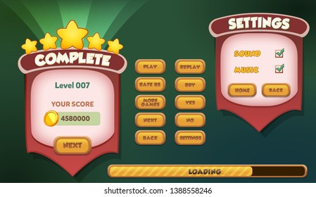 Pause menu scene pop up with sound music and buttons Game ui complete menu of graphical user interface GUI to build 2D games Casual Game 
