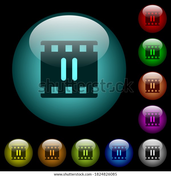 Pause
movie icons in color illuminated spherical glass buttons on black
background. Can be used to black or dark
templates