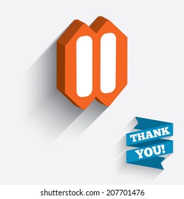 Pause sign icon. Player navigation button. White icon on orange 3D piece of wall. Carved in stone with long flat shadow. Vector