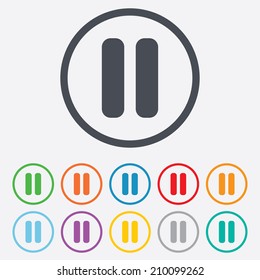 Pause sign icon. Player navigation button. Round circle buttons with frame. Vector