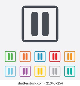 Pause sign icon. Player navigation button. Round squares buttons with frame. Vector