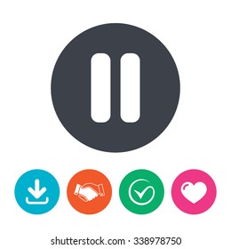 Pause sign icon. Player navigation button. Download arrow, handshake, tick and heart. Flat circle buttons.