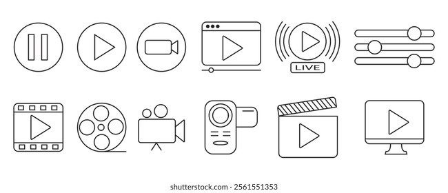 pause or stop button. play or start button. video camera. media, camera, live, cinema, film, handycam. multimedia. video player icon set. clapperboard, streaming video. vector illustration