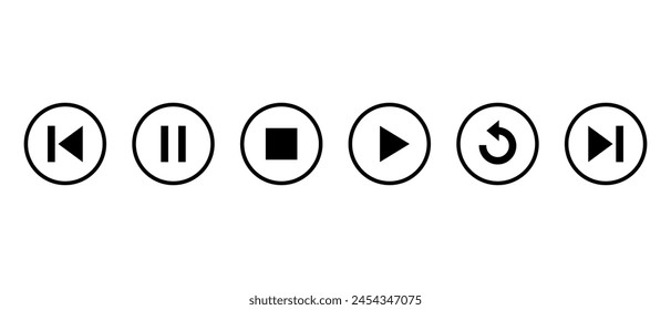 Pause, stop, play, replay, previous, and next track icon on circle line