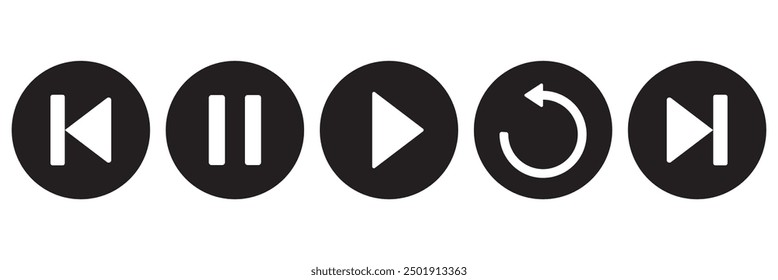 Pause, stop, play, replay, previous, and next track icon. Play button icon set isolated on white background.