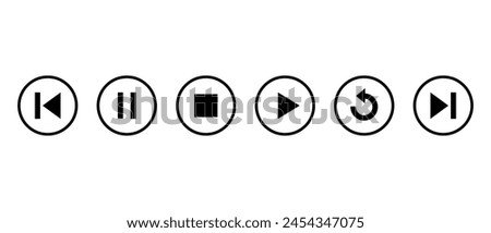 Pause, stop, play, replay, previous, and next track icon on circle line