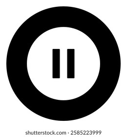 A pause symbol in the center. Isolated white symbol in black circle. Vector illustration on white background