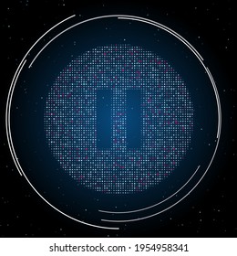 Das Pausensymbol gefüllt mit weißen Punkten. Pointillismus-Stil. Einige Punkte sind rosa. Vektorgrafik auf blauem Hintergrund mit Sternen