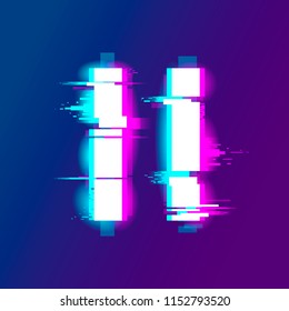 Pause symbol with glitch effect for branding. Distorted Glitch Style. Glow Design for Graphic Design - Banner, Poster, Flyer, Brochure, Card . Vector Illustration.