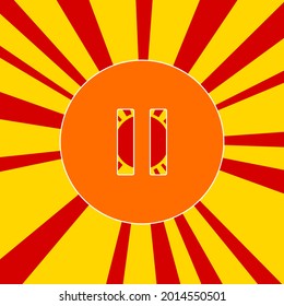 Pause symbol on a background of red flash explosion radial lines. The large orange symbol is located in the center of the sun, symbolizing the sunrise. Vector illustration on yellow background