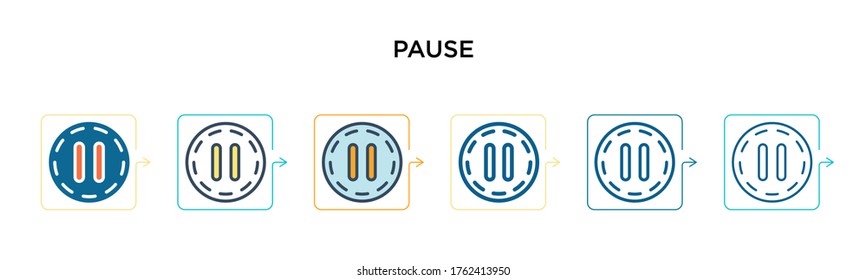 Pause vector icon in 6 different modern styles. Black, two colored pause icons designed in filled, outline, line and stroke style. Vector illustration can be used for web, mobile, ui