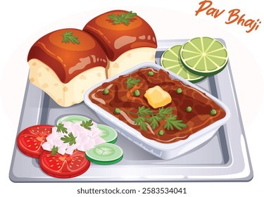 Pav Bhaji Served on Metal Tray. Bread Rolls with Spicy Masala Curry, Sliced Lime, Tomatoes, Cucumber and Chopped Onions. Popular Bombay Street Food Detailed Illustration 