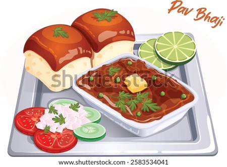 Pav Bhaji Served on Metal Tray. Bread Rolls with Spicy Masala Curry, Sliced Lime, Tomatoes, Cucumber and Chopped Onions. Popular Bombay Street Food Detailed Illustration 