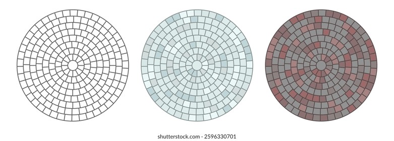 Paved circle pattern tile. Circular brick mosaic. Round radial stone pavement. Paving tile simple floor texture. Red stones. Vector illustration isolated on white background.