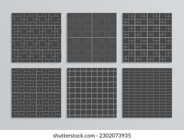 Paved floor seamless patterns set. Slab pavement texture. Collection of paver tiles. Decorative sidewalk. Cobblestone print. Garden stone footpath. Mosaic outdoor background. Vector illustration
