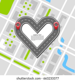 Paved path on the road, road heart, map. Vector background