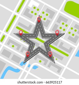Paved path on the road, road star, map. Vector background