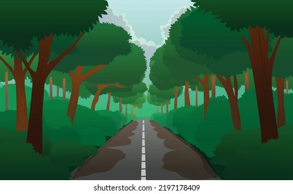 Paved road surrounded by forest trees vector illustration