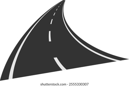 Paved road is winding into the distance with white dashed lines marking the lanes, creating a sense of journey and perspective against a clean white backdrop